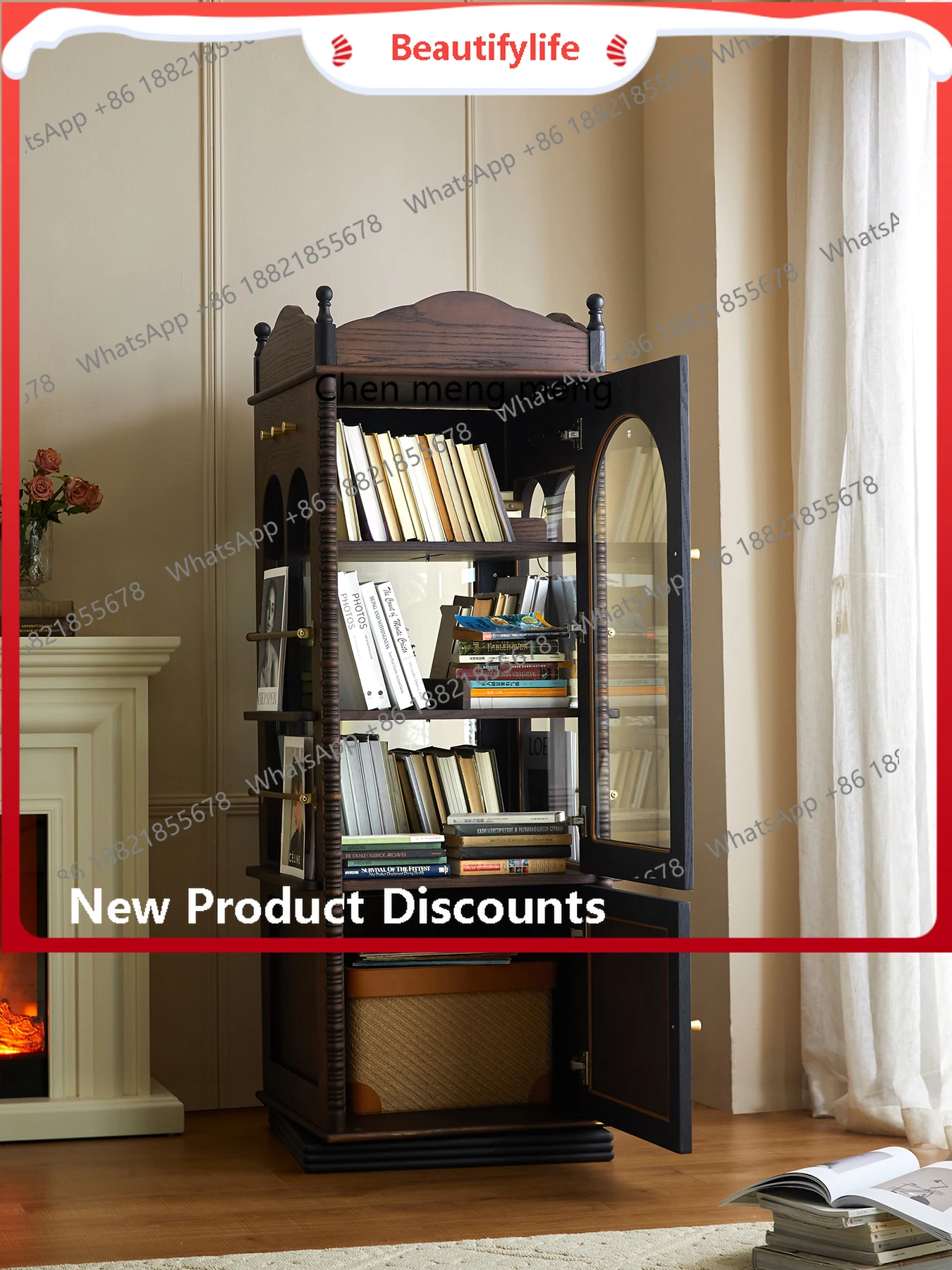 

French solid wood bookcase retro rotating storage cabinet with glass door corner magazine, display cabinet H
