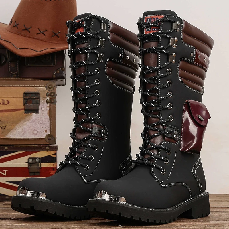 men fashion high motorcycle boots cosplay stage black designer shoes cowboy original leather boot long platform knight botas man