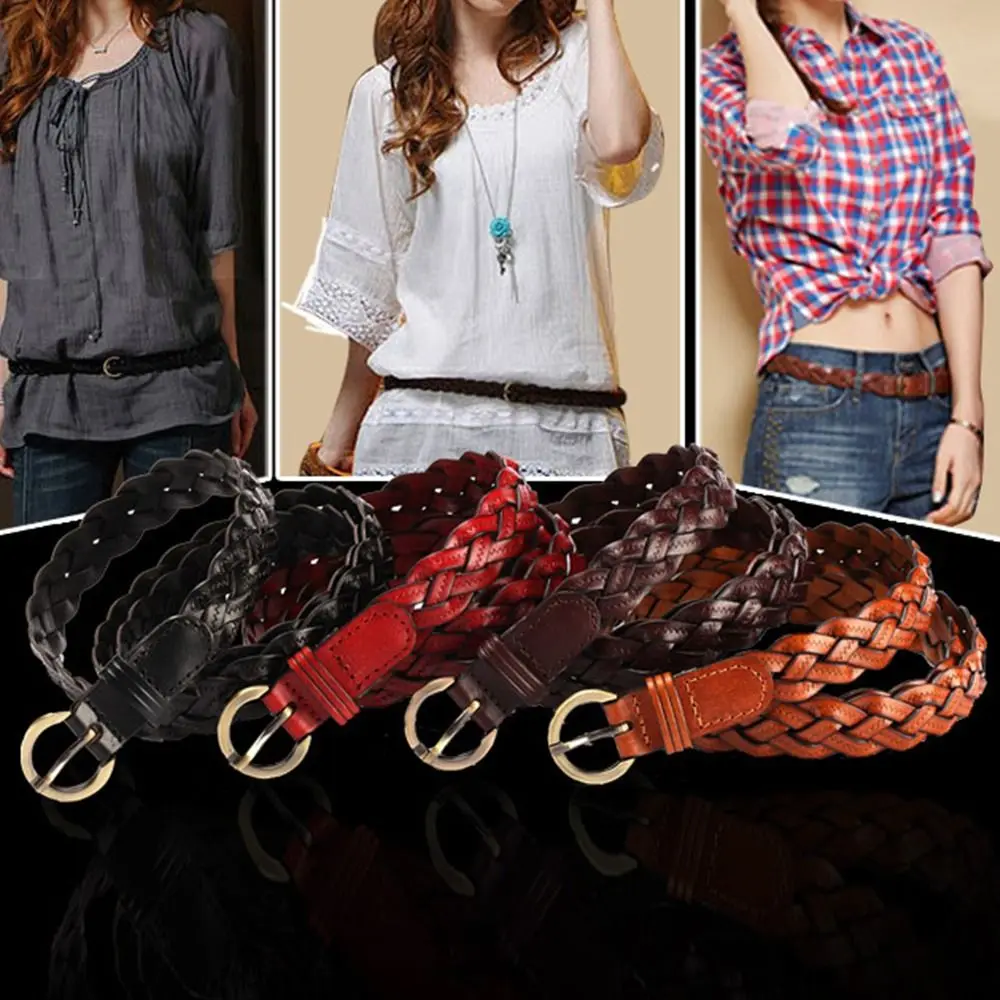 Female Vintage Wild Pin Buckle Waistband Weave Waist Band Ladies Dress Cummerbands Cowhide Braided Belt