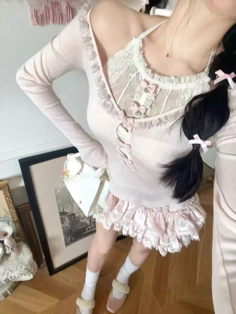 Japanese Lolita Kawaii 3-Piece Set Women Korean Sweet Cute Skirt Suit Female Pink Y2k Blouse + Suspender Vest + Party Mini Skirt image 5