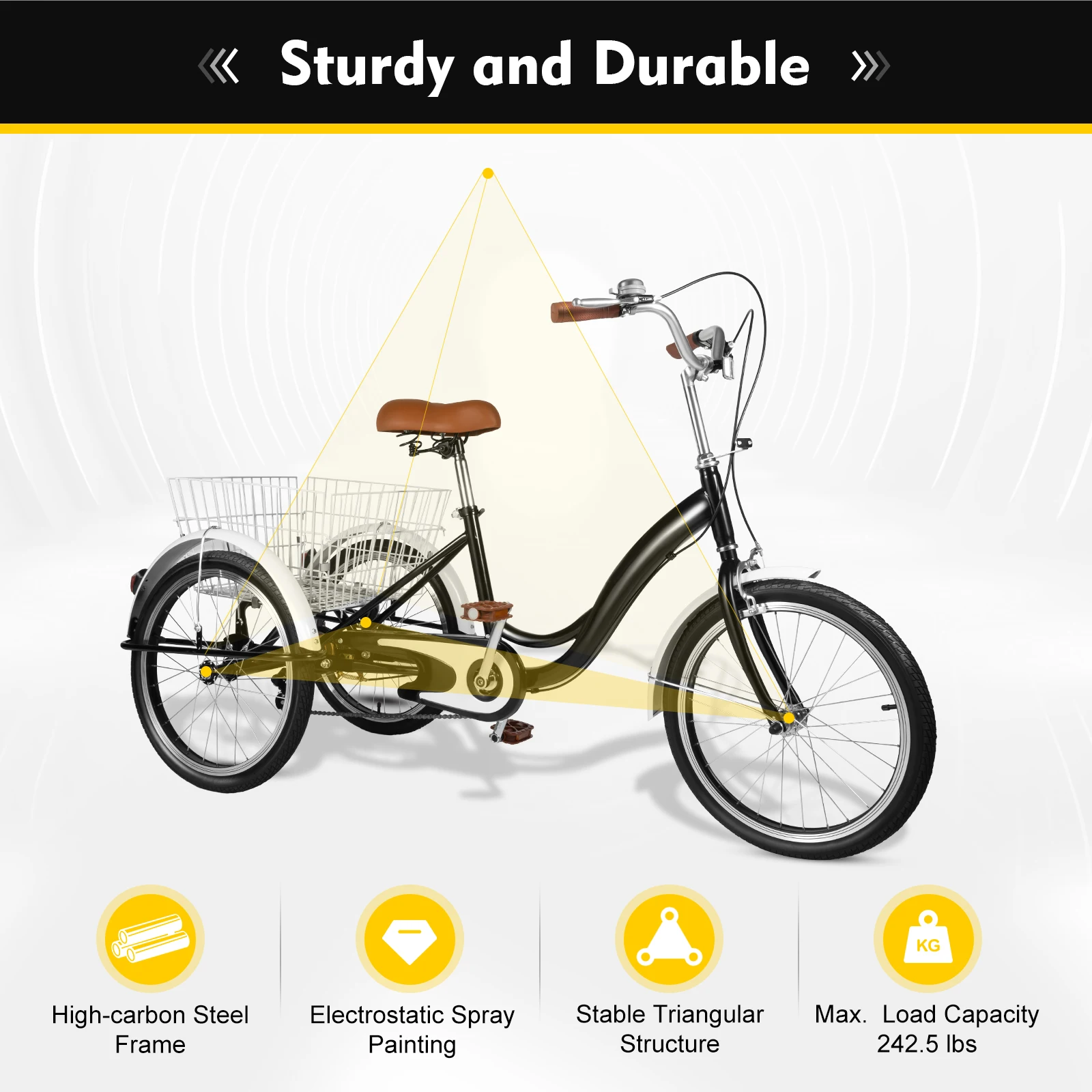 20 Inch Tricycle High-carbon Steel Frame High-capacity Basket 3 Wheel Bikes Easy Riding Adult Tricycle