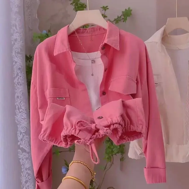 

Spring Summer Women's Collar Denim Shirt Jacket Outerwear Open Cardigan Drawstring Loose Versatile Shirt Commute Style