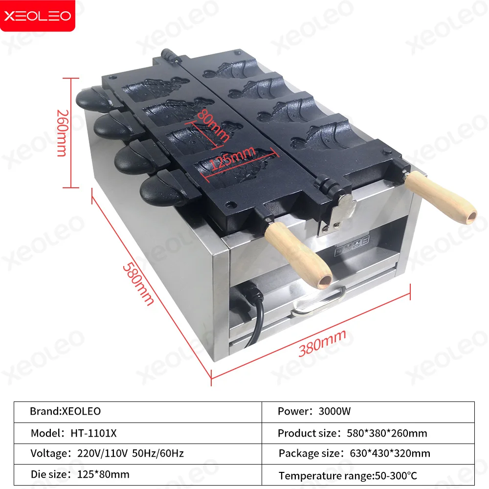 XEOLEO Electric Taiyaki Maker 3000W 4PCS Open Mouth Ice Cream Fish Shape Waffle Maker Non-Stick Fish Shaped Bun Machine