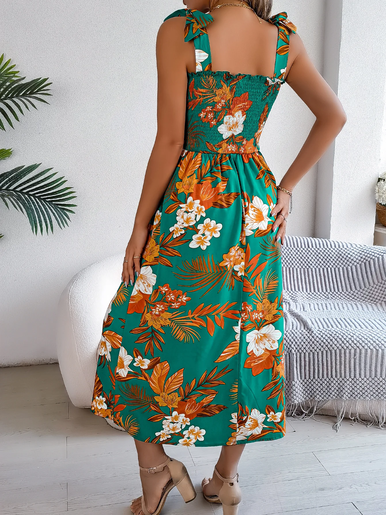 Spring Summer Floral Print Long Dress Lace up Sleeveless Vacation Dresses for Women