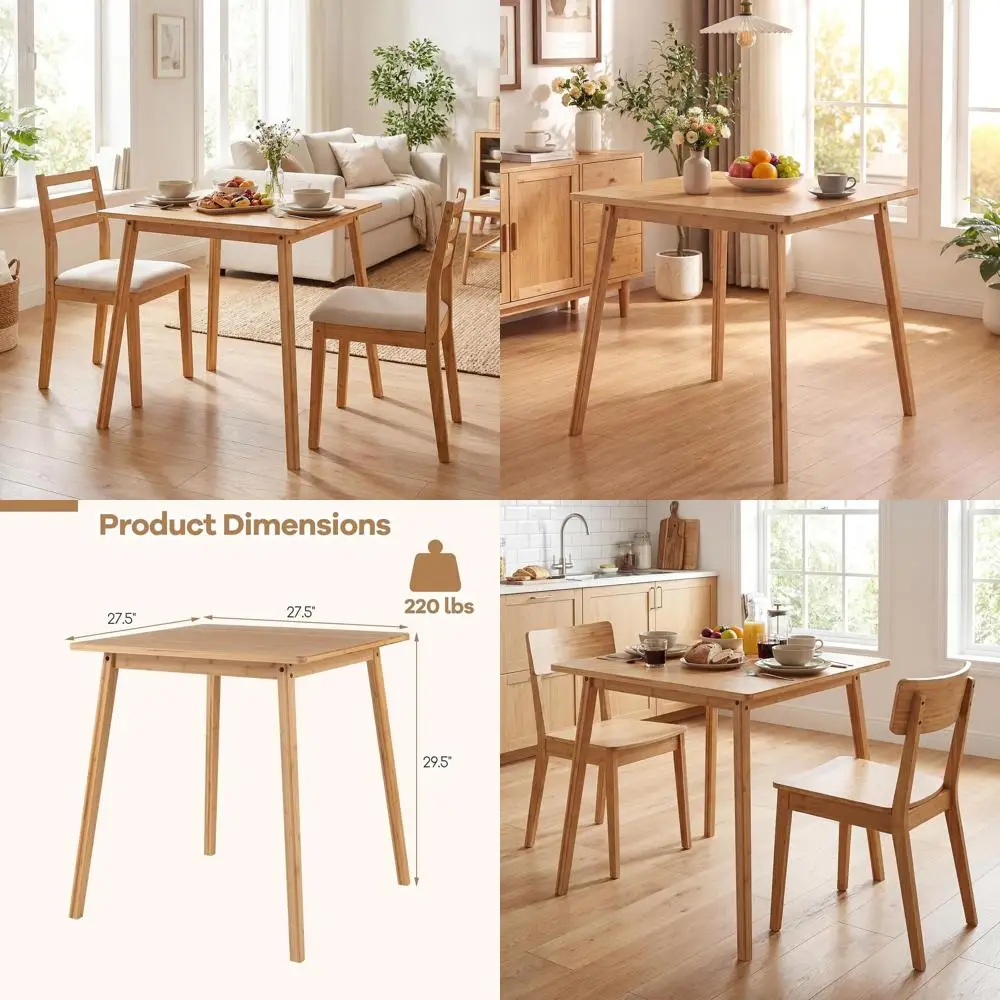 

27.5-Inch Bamboo Square Dining Table with Non-Slip Pads, Ideal for Small Kitchen or Dining Area