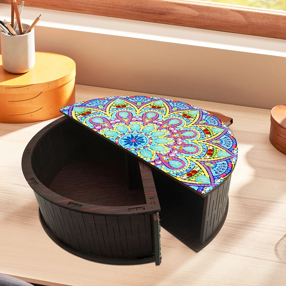 HOMFUN Mandala Diamond Painting Container Wooden Jewelry Case Diamond Art Organizer Box Kit，Creative Semi-circular Storage Box view 4
