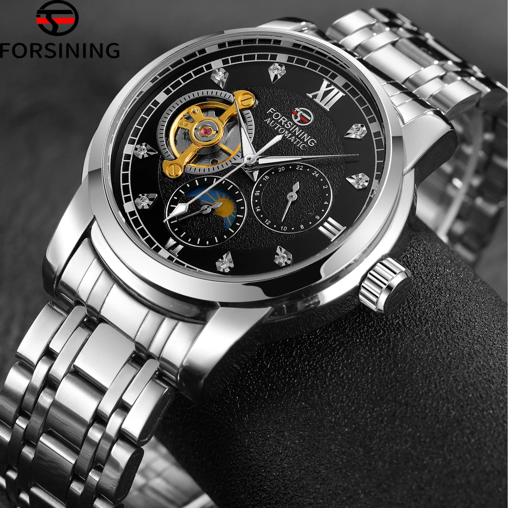 New FORSINING Original 3D Diamond Men Watches Top Luxury Automatic Mechanical Moon Phase Tourbillon Wrist watch Waterproof Clock