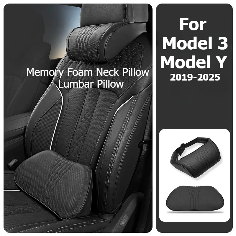 For Model Y Model 3 Napa Leather Memory Foam Neck Headrest Pillow Lumbar Support Cushion Breathable Car Seat Backrest Pillow