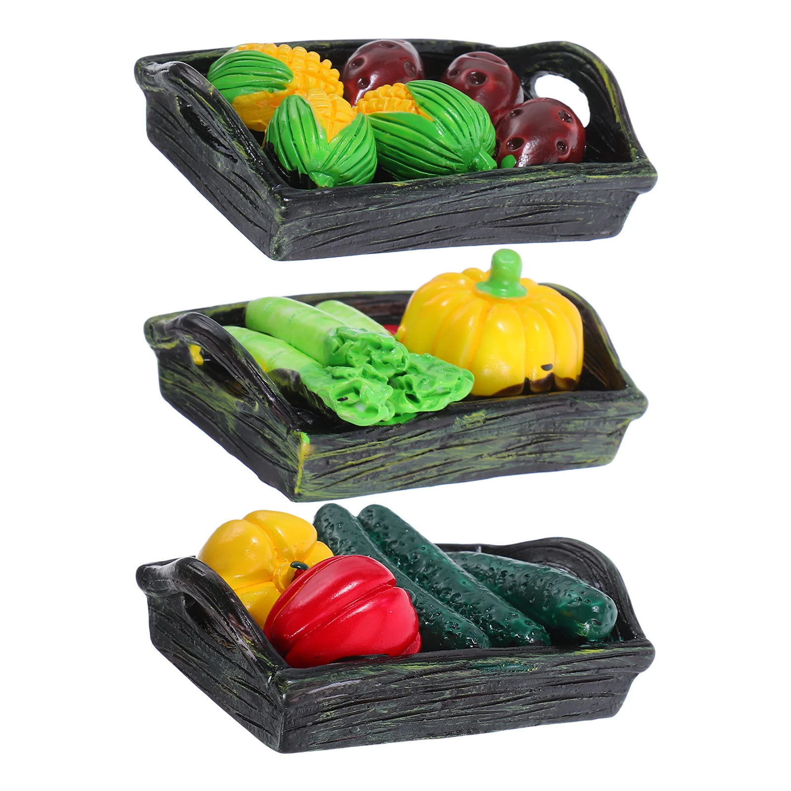 

3pcs Resin Ornaments Miniature Vegetables Basket Set Realistic House Kitchen Decor Crafts Mini House Accessories