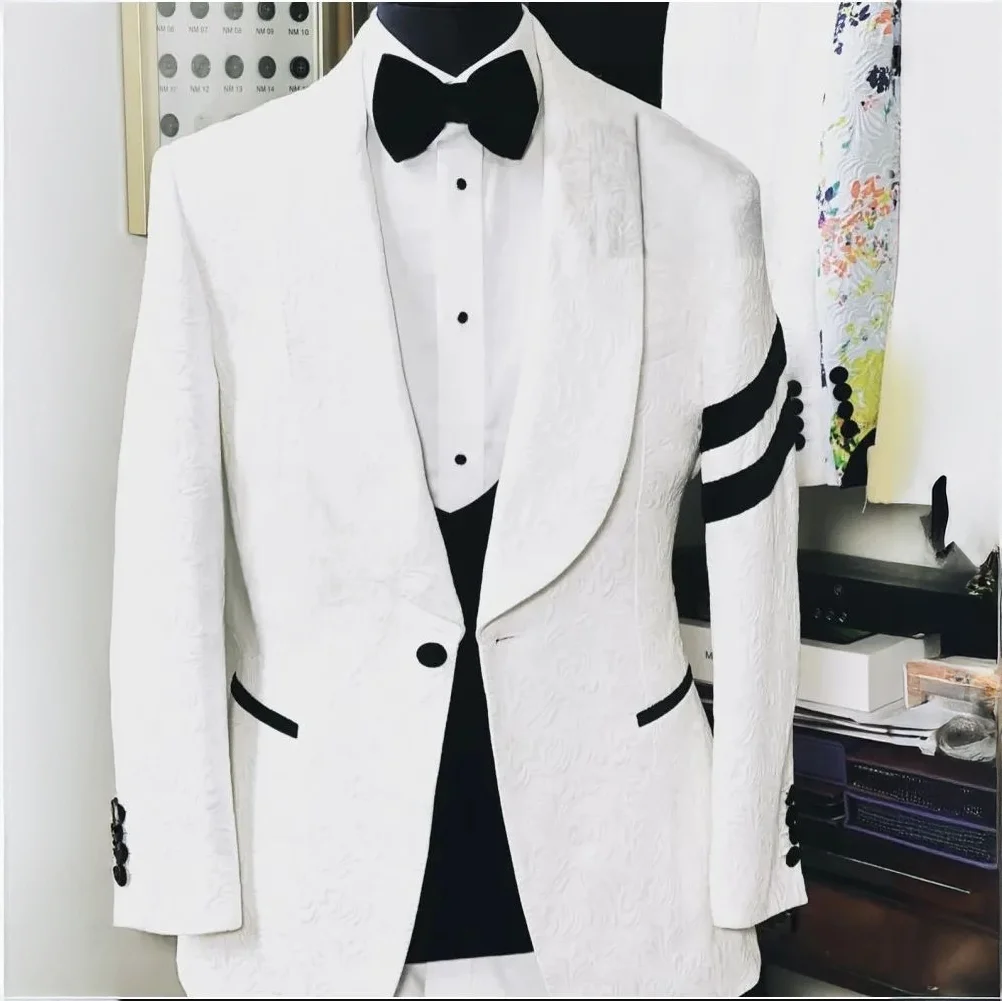

Men's Suit 3 Piece Set Jacquard with Black Patchwork Tailor Blazer Pants Terno Masculino Slim Male Wedding Groom Tuxedo