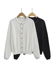 KAOPU ZA Women with contrast trims plain knit cardigan vintage o-neck long sleeves button-up female outerwear chic tops