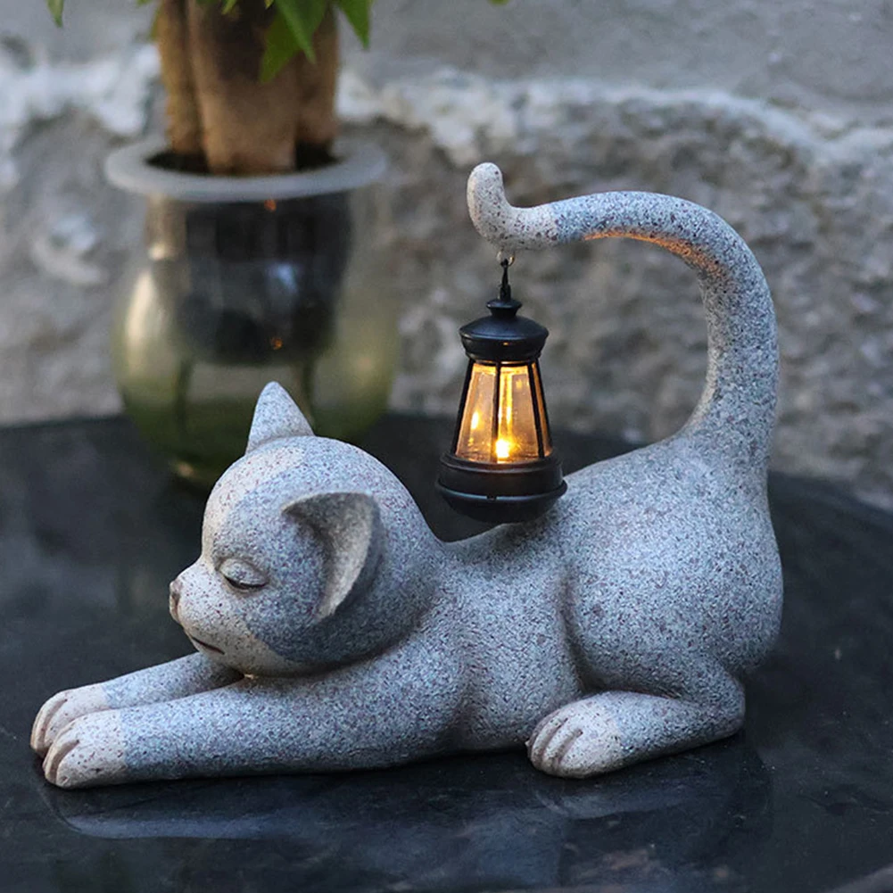 Gato bonito Jardim Estátua com Lanterna Solar, estatueta impermeável, Desvanecer-se Resistente, Resina Kitten Figurine, Art Decorações, Quintal ao ar livre