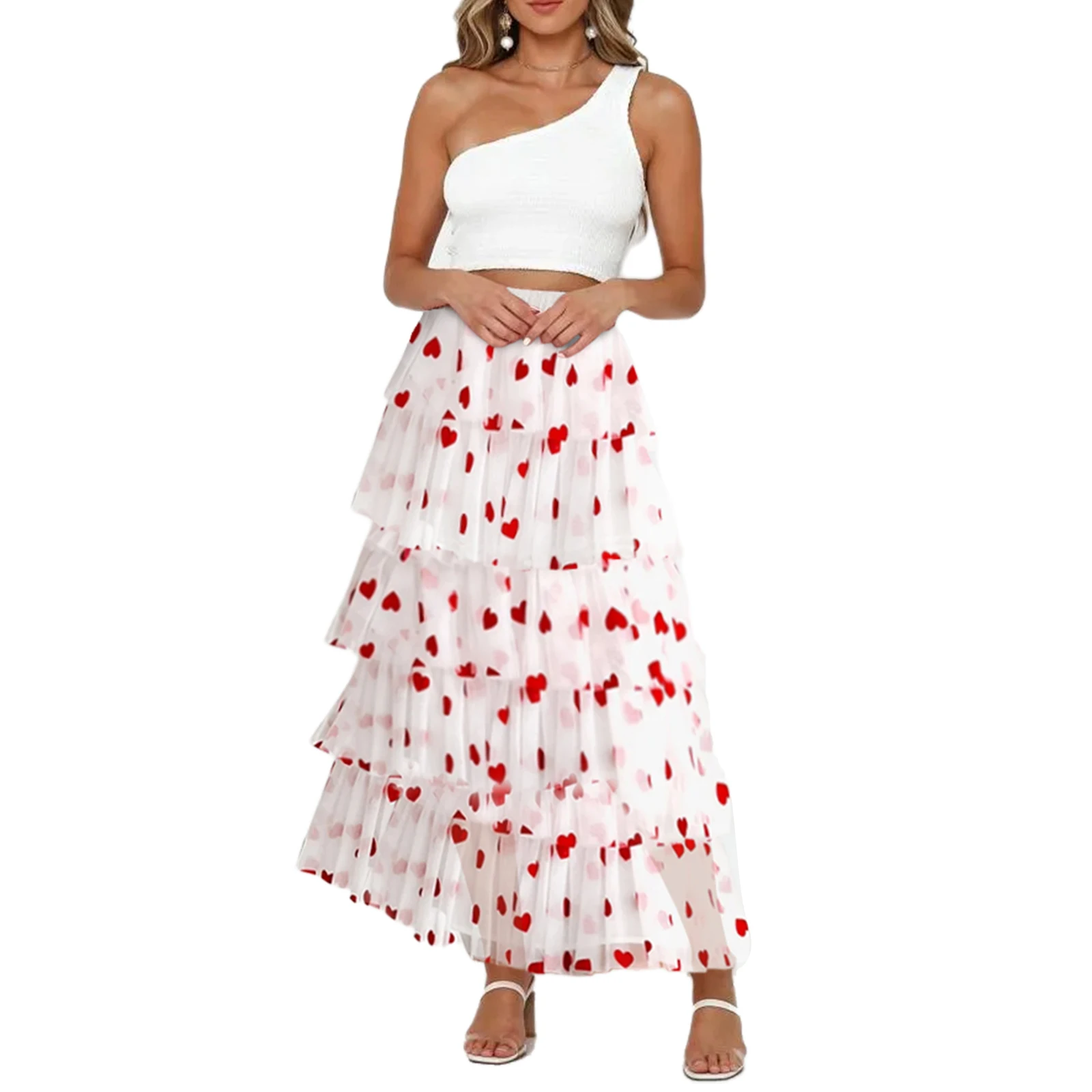 Women's Valentine's Day A-line Skirt High Waist Heart Print Long Tulle Skirt for Travel