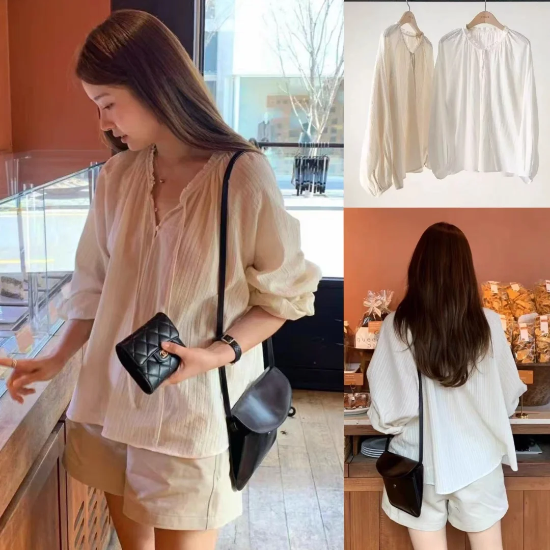 2025年夏新作 スレ ドンデムン 無地 ルーズ ロングスリーブ ワンピース 蝶ネクタイ付き 韓国風 スレ 通気性 コットン Vネック レディース...