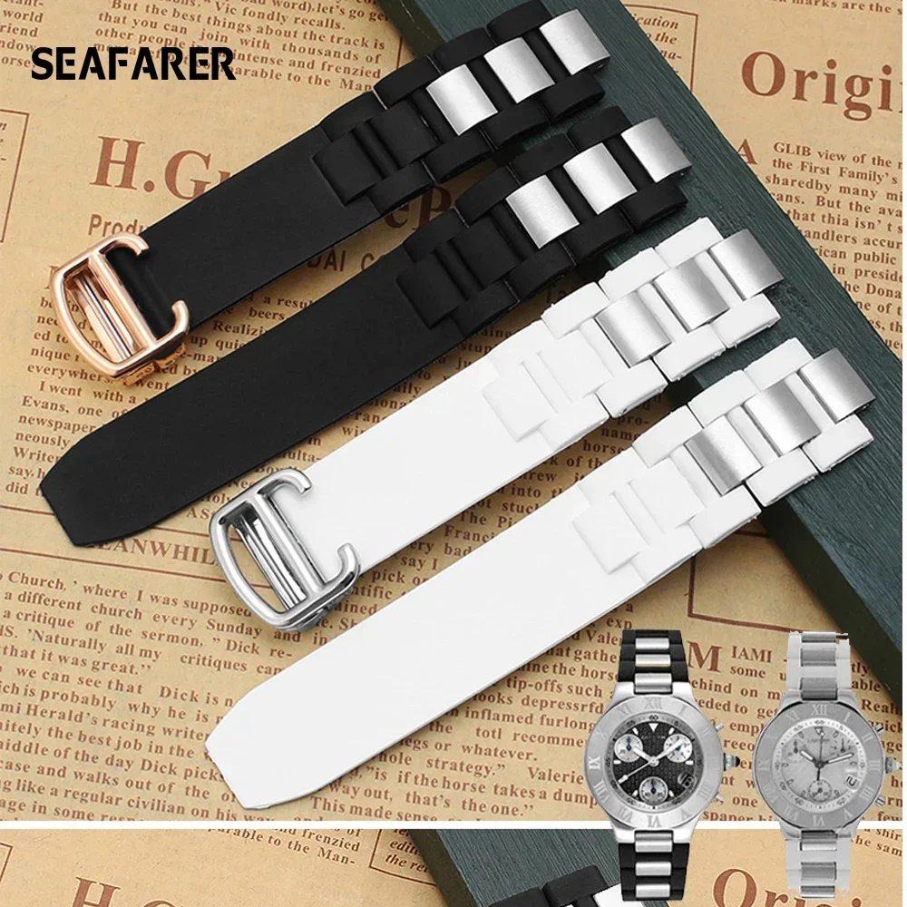 For Cartier 21th Century Raised Mouth Silicone Watch Strap 20 * 10mm Watch Black and White Watrproof Watch Chain