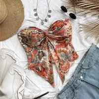 2025 European Style Printing Asymmetric Bottoming Vest Holiday Mode Cross Strapless Topoff-The-Shoulder Top Polyester Fiber Blen