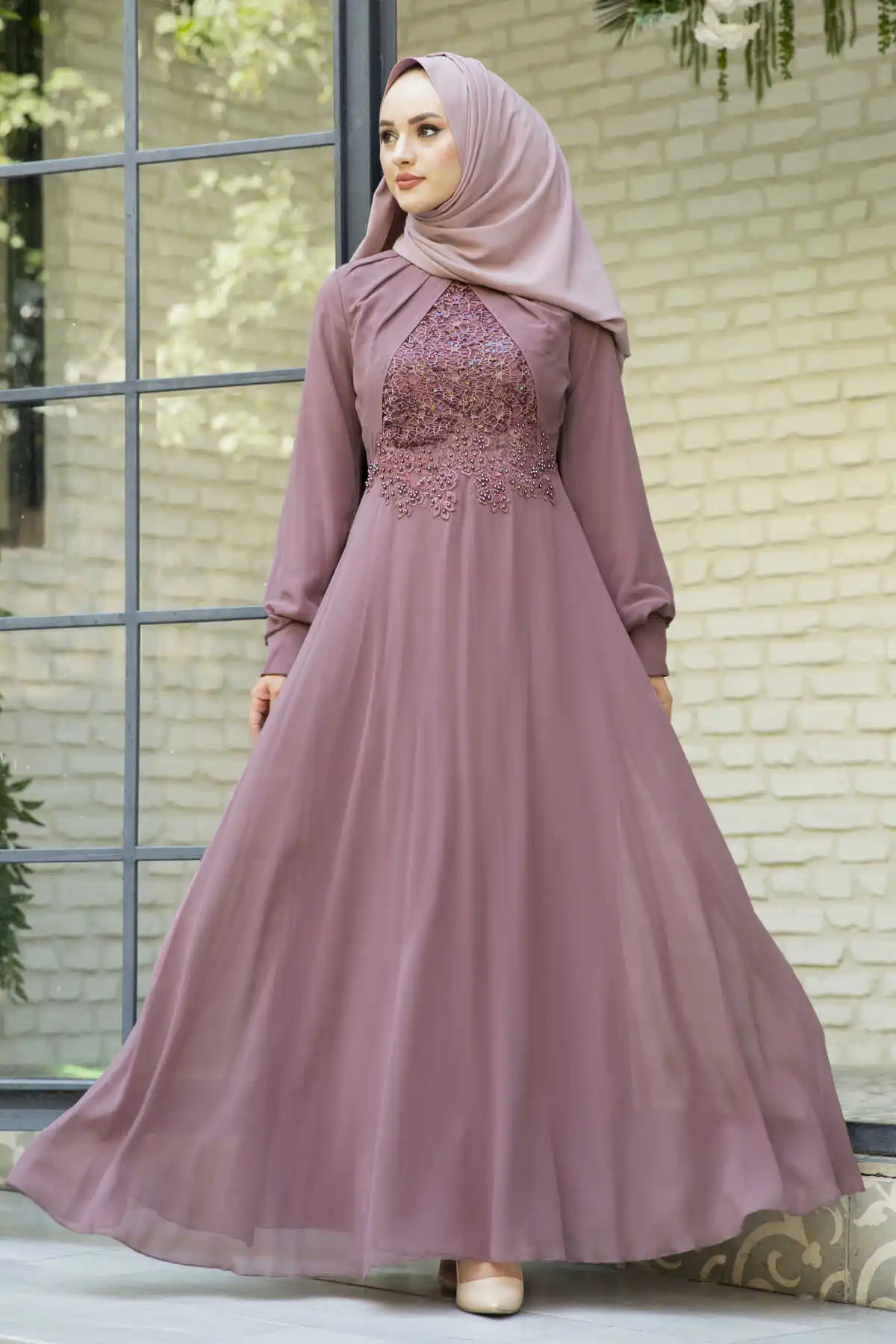 Voorzijde Pailletten Lovertjes Chiffon Avondjurken Vuile Roze Winter Herfst 2021 Moslim Vrouwen Hijab Hoofddoek Islamitische Turkije