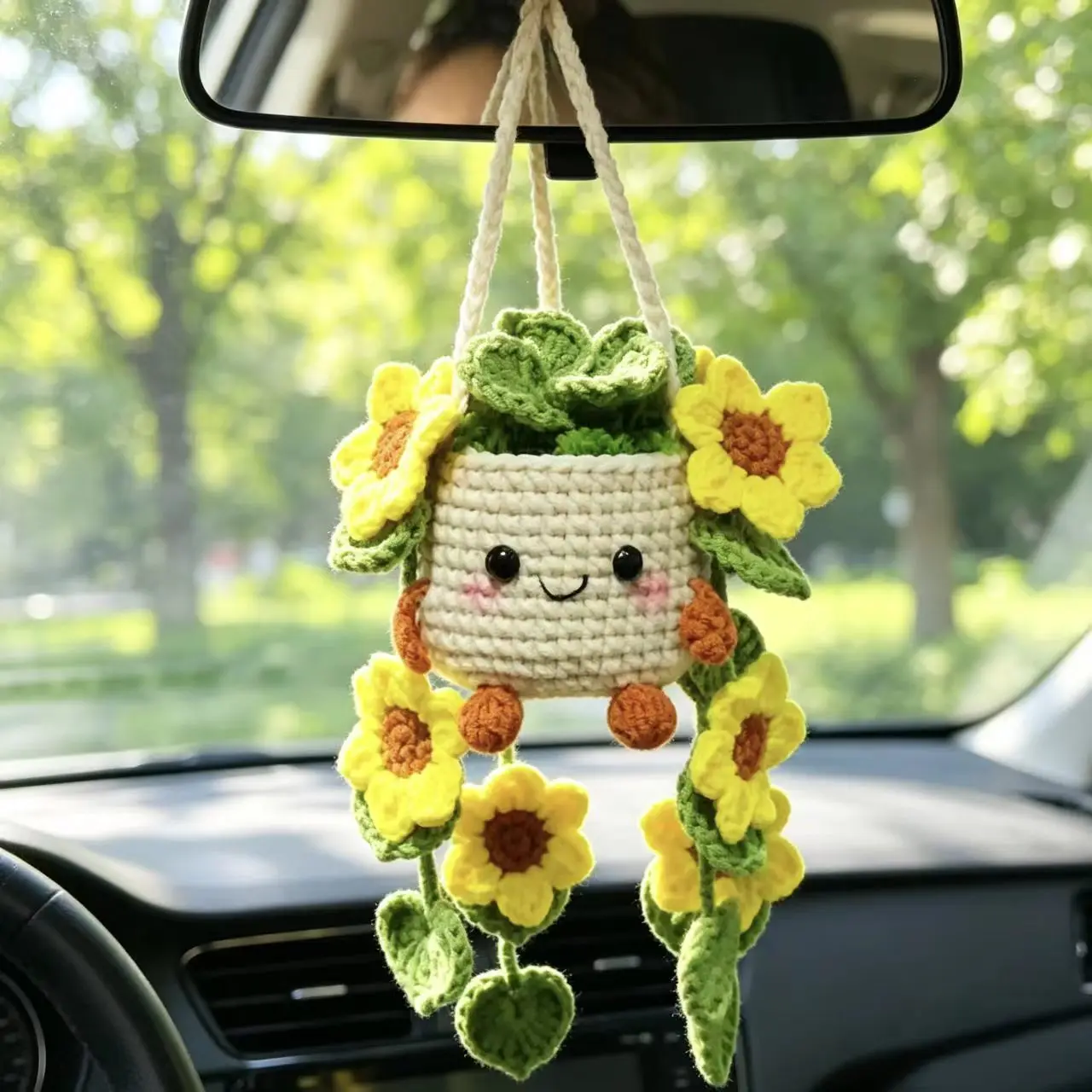 Handwoven Strawberry Flower Car Mirror Pendant - Boho Botanical Decor,Cute Hanging Ornament for Rearview Mirror
