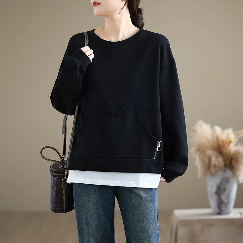 เสื้อฮู้ดสี Blo ทรงหลวมผู้หญิงศิลปะแขนยาวซิป Crew Neck Sweatshirt ฤดูใบไม้ร่วงฤดูหนาวมาใหม่