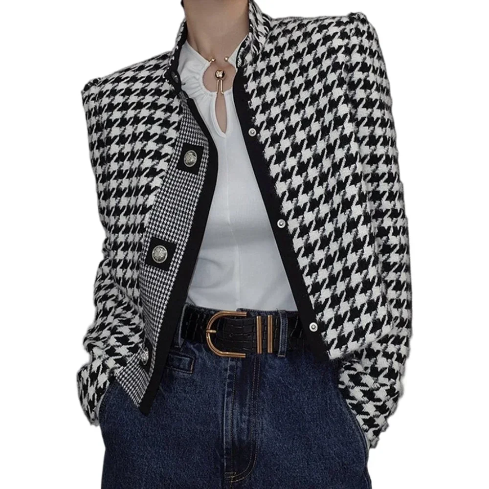 Yeezzi 2024 New Fall Winter Houndstooth Jacket Coat For Women Long Sleeves Stand Collar Retro Elegant Classics Party Outerwears