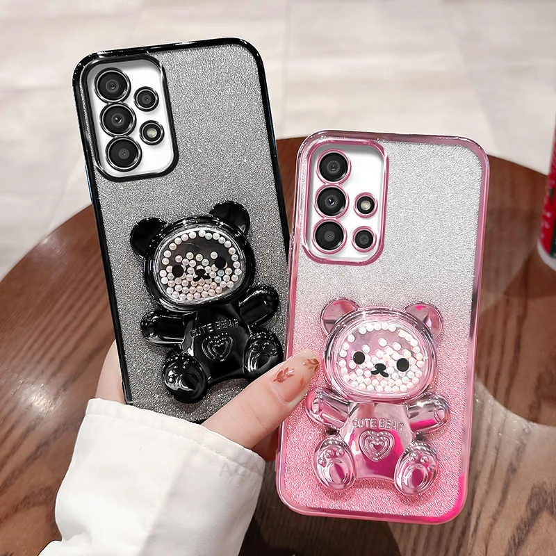 A 51 71 31 Cute Bear Holder Plating Silicone Case For Samsung Galaxy A51 A71 4g A31 A12 A22 A21s A50 A70 M51 M33 M53 Stand Cover