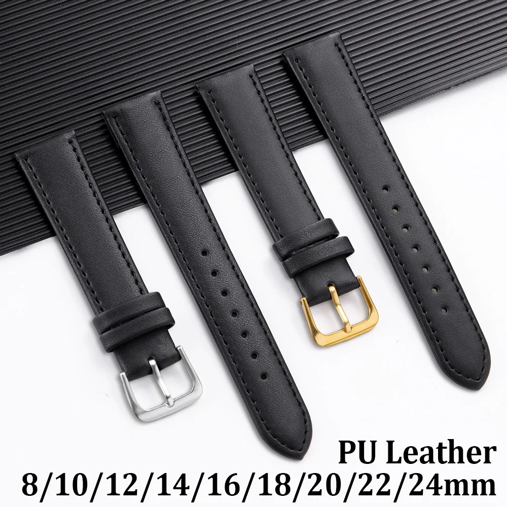 

8mm 10mm 12mm 14mm 16mm 18mm 20mm 22mm 24mm PU Calfskin Watch Strap Black Brown Soft Cowhide Wrist Band Universal Sport Bracelet