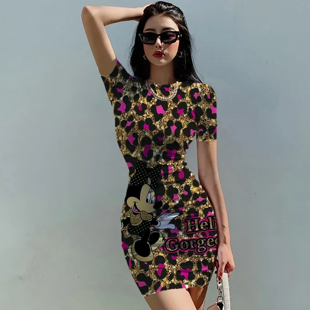 2022 Disney Sexy Minnie Mickey Mouse Leopard Print print Bodycon Mini Dress Women Summer Sexy bag hip Party Clubwear Slim Dress