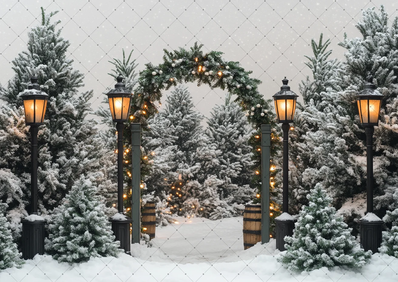 Winter Snowy Christmas Arch Backdrop Frost Pine Garland Vintage Street Lanterns Flocked Pine Tree Snow Ground Shoot Background