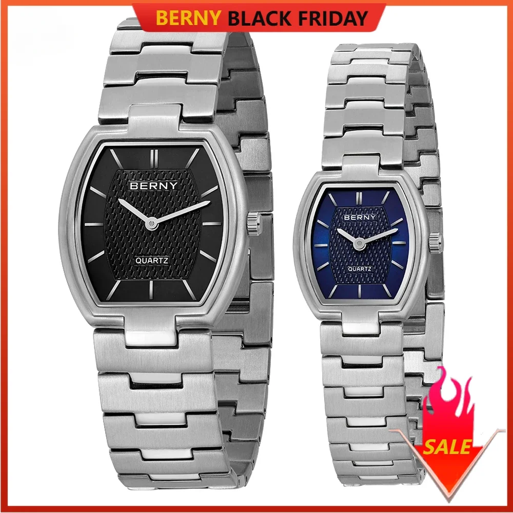 Relojes BERNY para parejas, vestido elegante clásico ultrafino, reloj de cuarzo Tonneau para hombres, reloj de pulsera de acero inoxidable para mujeres de negocios