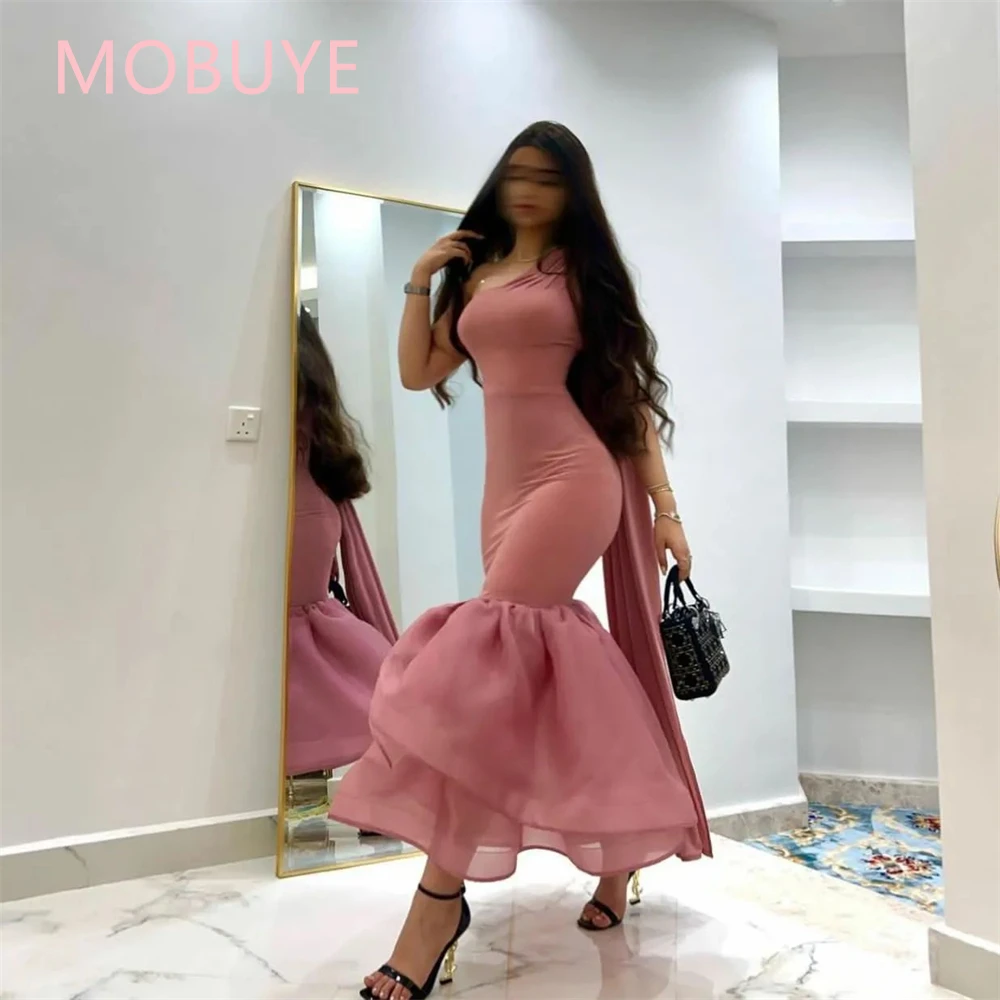 MOBUYE 2024 Arab Dubai One Shoulder Prom Dress Short Sleeves With Ankle Length Evening Fashion Elegant Party Dress For Women