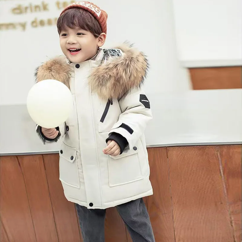 Children Thickened Down Jackets Boys Winter Large Fur Collar Coats 2024 New Kids Warm Hooded Outerwear Teenager Cotton Clothing