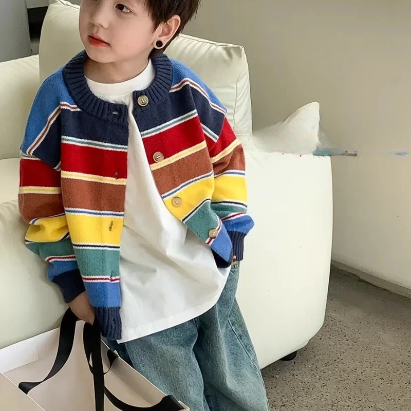 

Boys' Forest Sweater Spring and Autumn New Style Colorful Stripe Fashion Knitted Cardigan Children's Handsome Versatile Coat