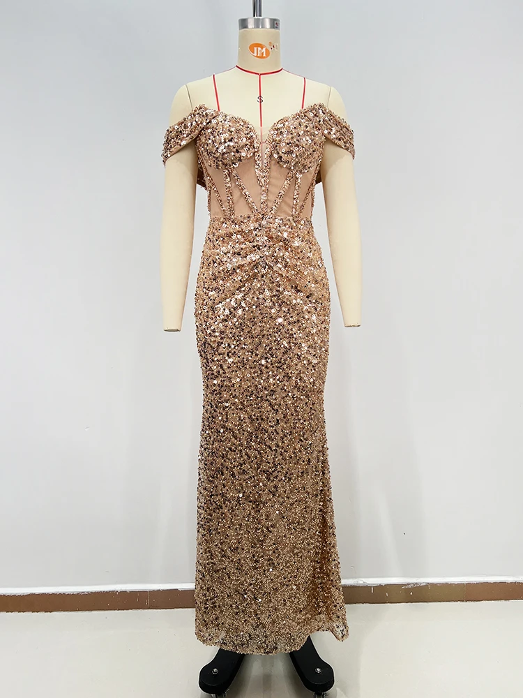 Suknia wieczorowa VC Luxury Gala Radiance, złote cekiny, odkryte ramiona, przezroczysta siateczka, bez rękawów, seksowna, długa sukienka na imprezę.