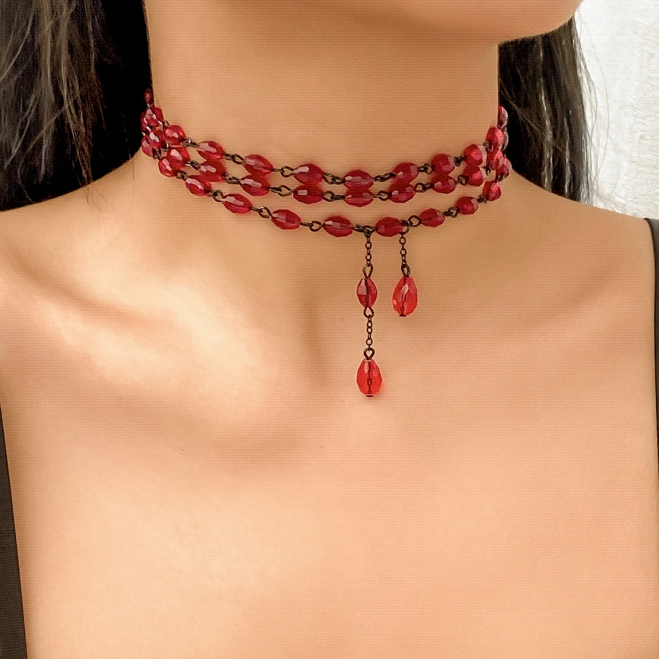 Ingemark Gothic Multilayer Red Crystal Pendant Choker Necklace for Women Short Collar Vintage Clavicle Chain Jewelry