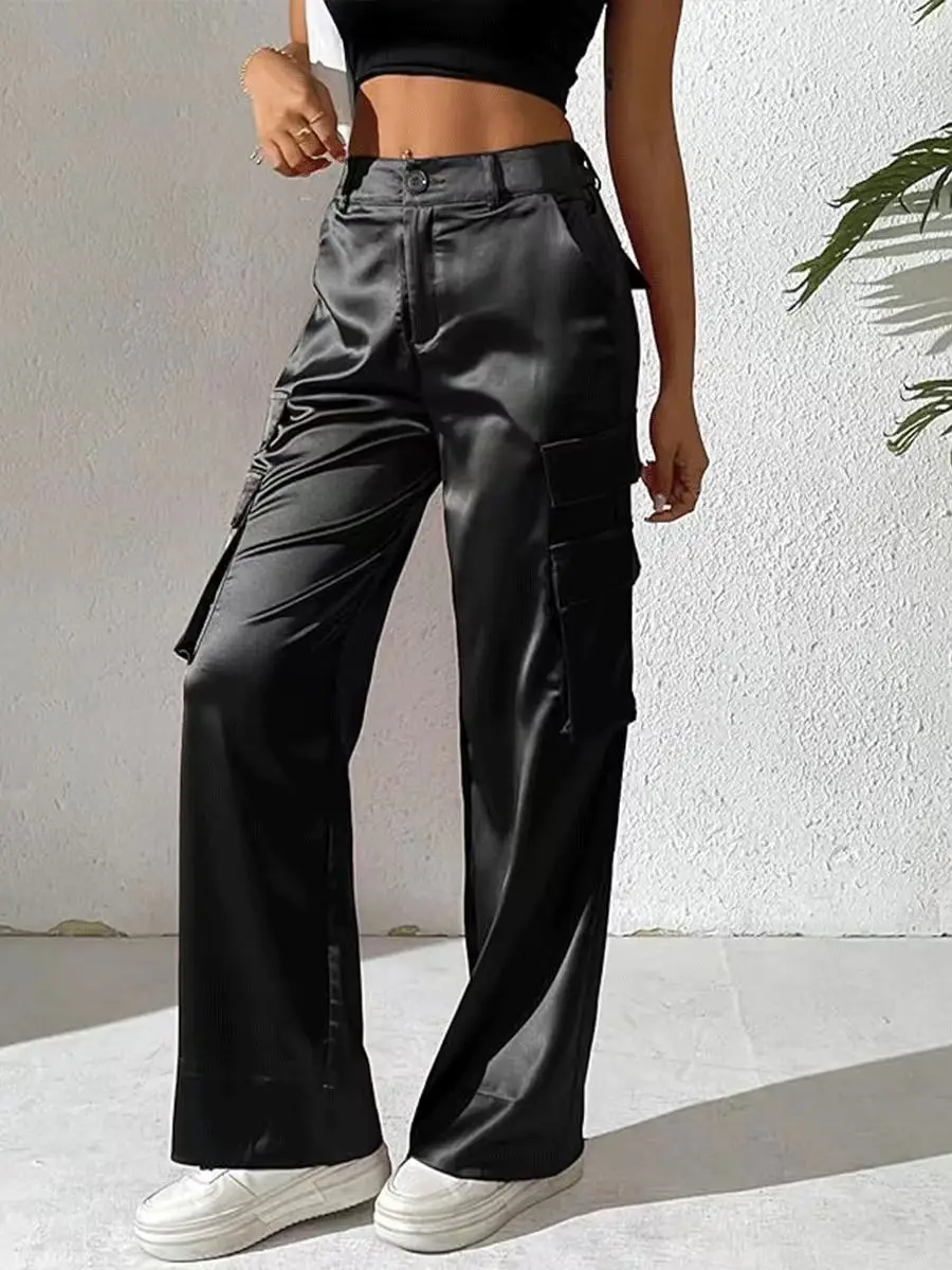 

Женские черные джинсы спецодежды с множеством карманов; драпировка; свободные; широкие брюки; повседневные; неэластичные; со средней талией; джинсовые брюки.