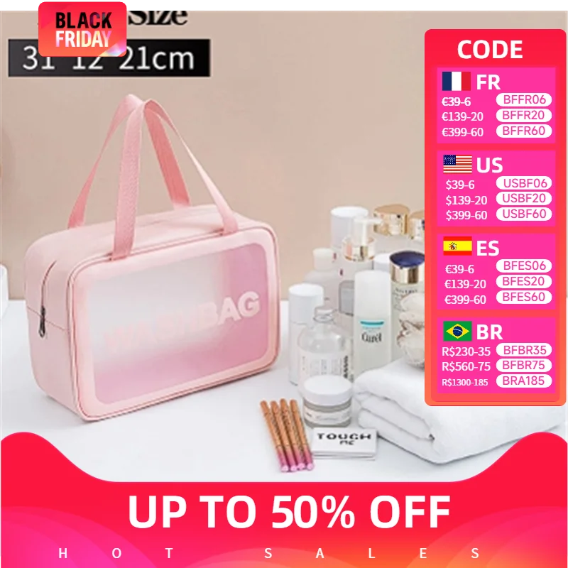 Bolsa de maquiagem portátil feminina, transparente, impermeável, grande capacidade, bolsa cosmética