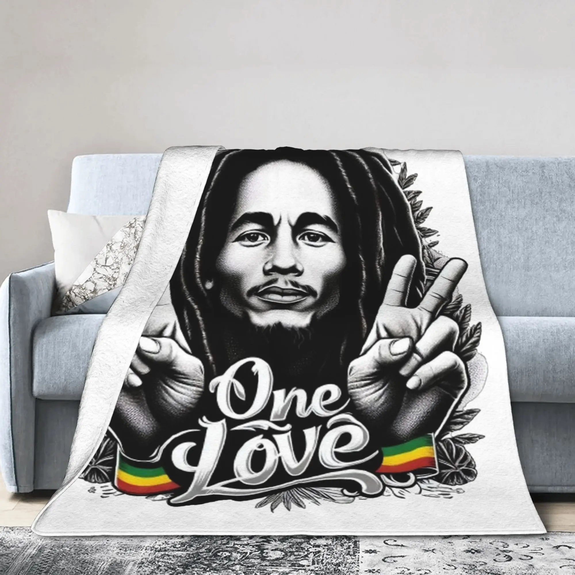 ผ้าห่มฟลานเนลลายดนตรี BOB MARLEY ONE LOVE ผ้าห่มสำหรับเครื่องนอน ผ้าห่มนุ่มสำหรับใช้กลางแจ้ง