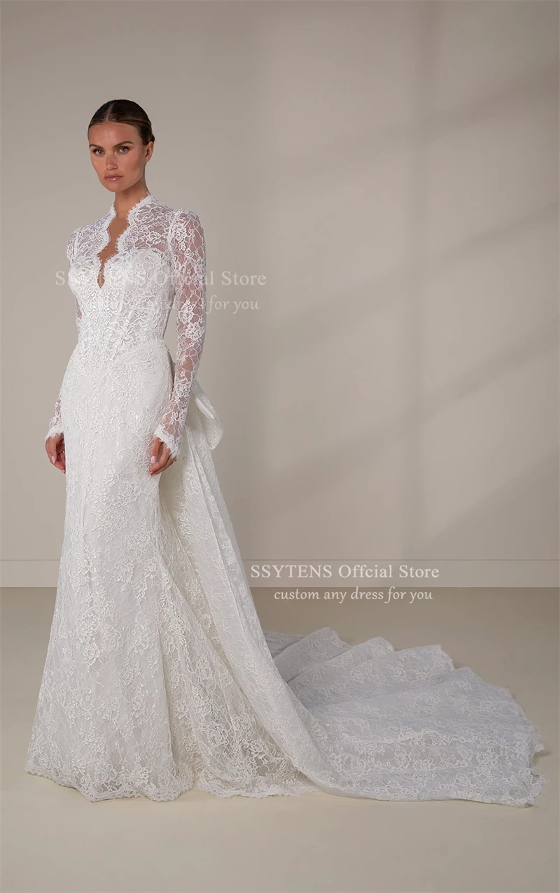 SSYTENS Abiti da sposa in pizzo di lusso maniche lunghe scollo a V abito da sposa staccabile fiocco treno guaina abiti da sposa a sirena personalizzati