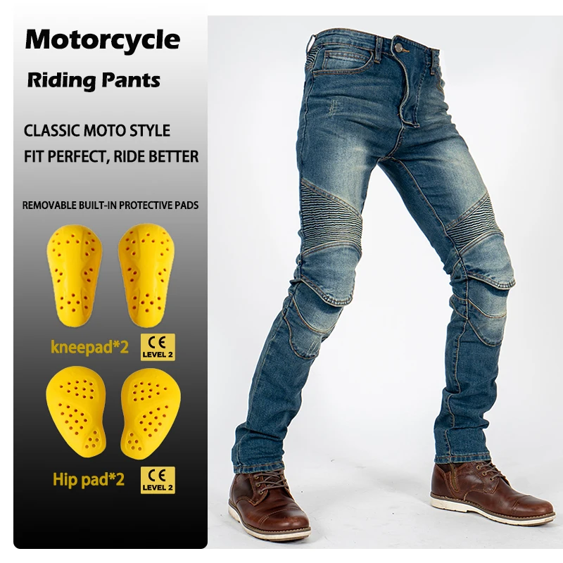 Men Vintage Moto Jeans, All Seasons Motorcycle Touring Trousers with Protective Gear, Motorbike Riding Denim Pants