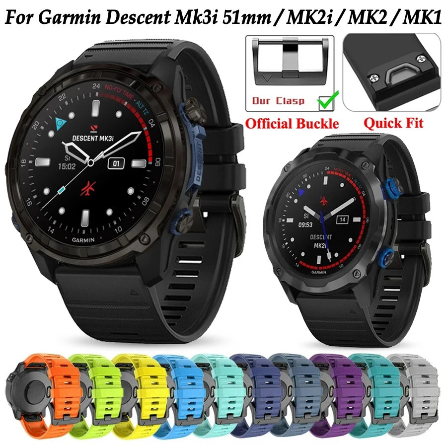 สายนาฬิกาสำหรับ Garmin Descent Mk3i 51มม. Mk2i Mk2 Mk1 QuickFit 26มม. 22มม. สายรัดข้อมือซิลิโคน