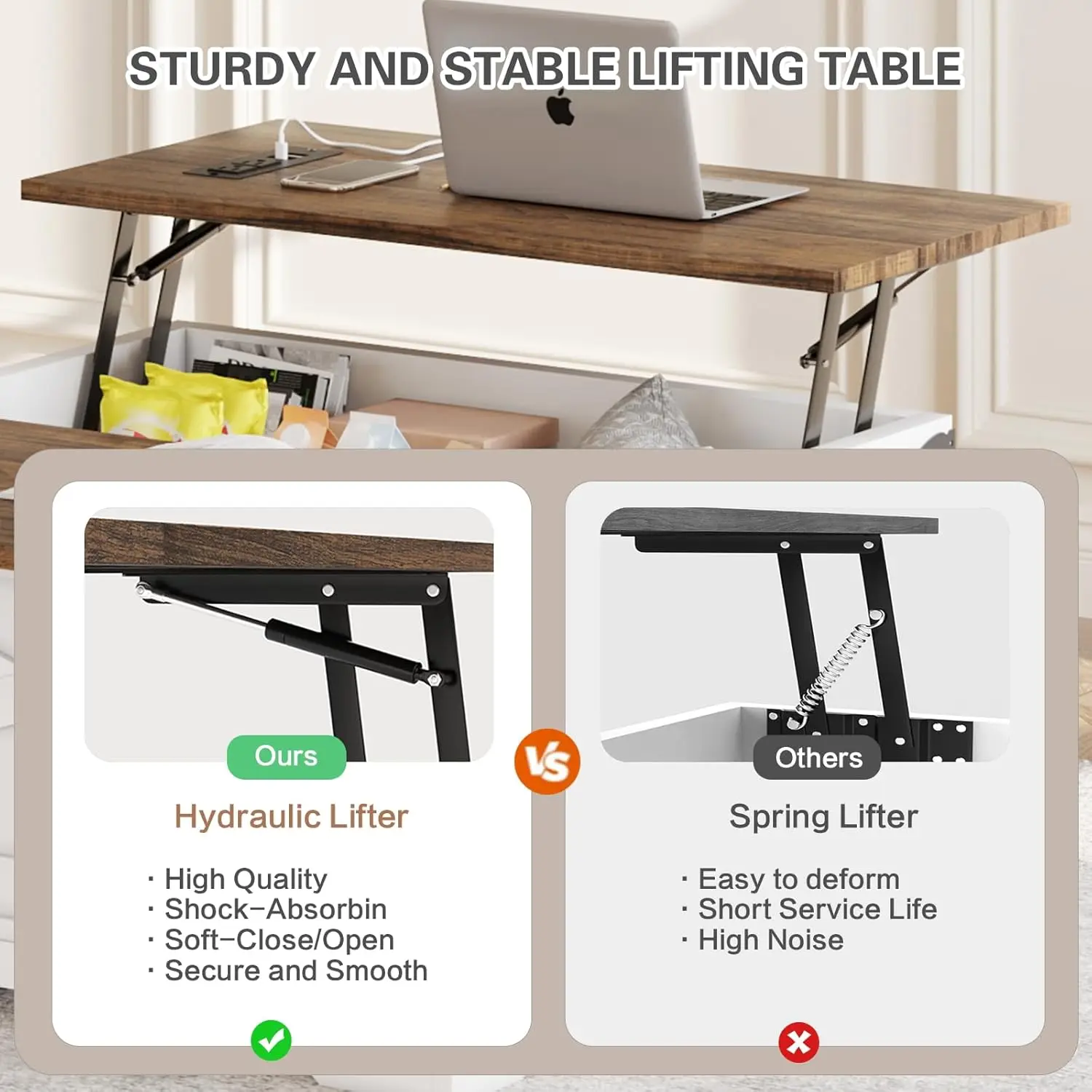 Table basse relevable avec ports de rangement et de chargement, table carrée blanche pour le salon