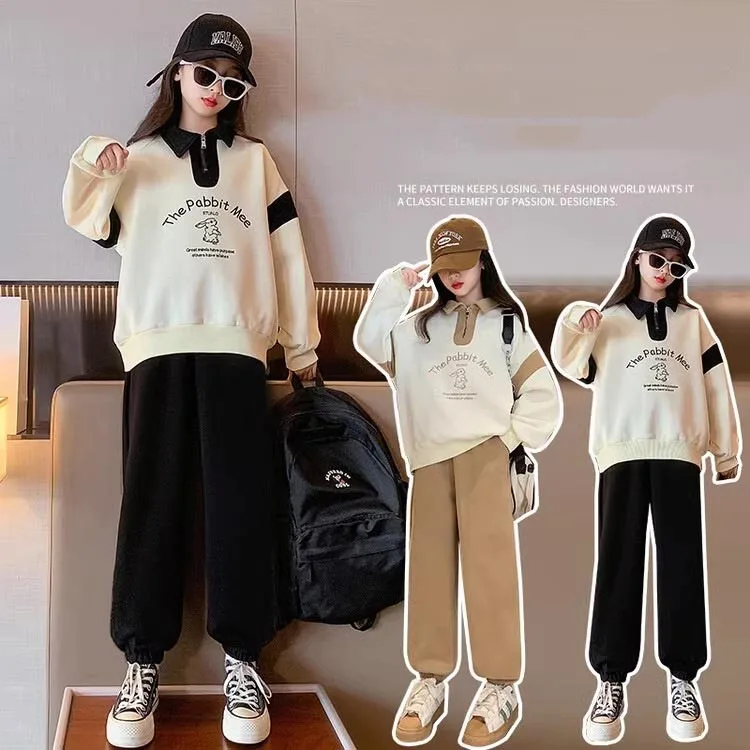 

Весенне-осенний спортивный костюм для школьниц, толстовка на молнии с буквенным принтом для девочек + спортивные штаны, детский комплект для бега, От 4 до 12 лет