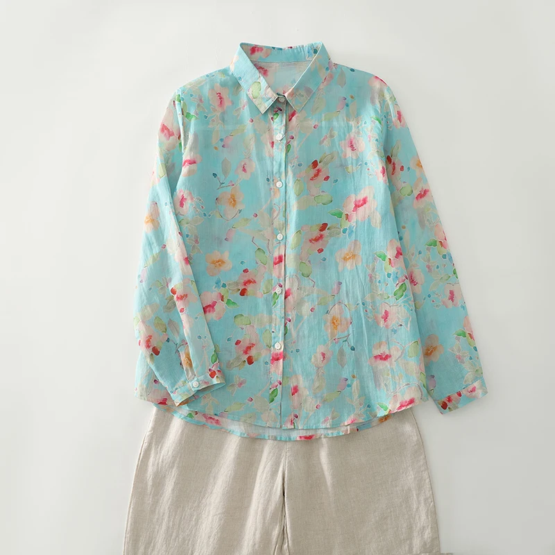 Artistic Vintage Print Cotton Linen Long Sve Women's irt Loose Casual Thin Autumn New Sle Faionable All-Match Sle