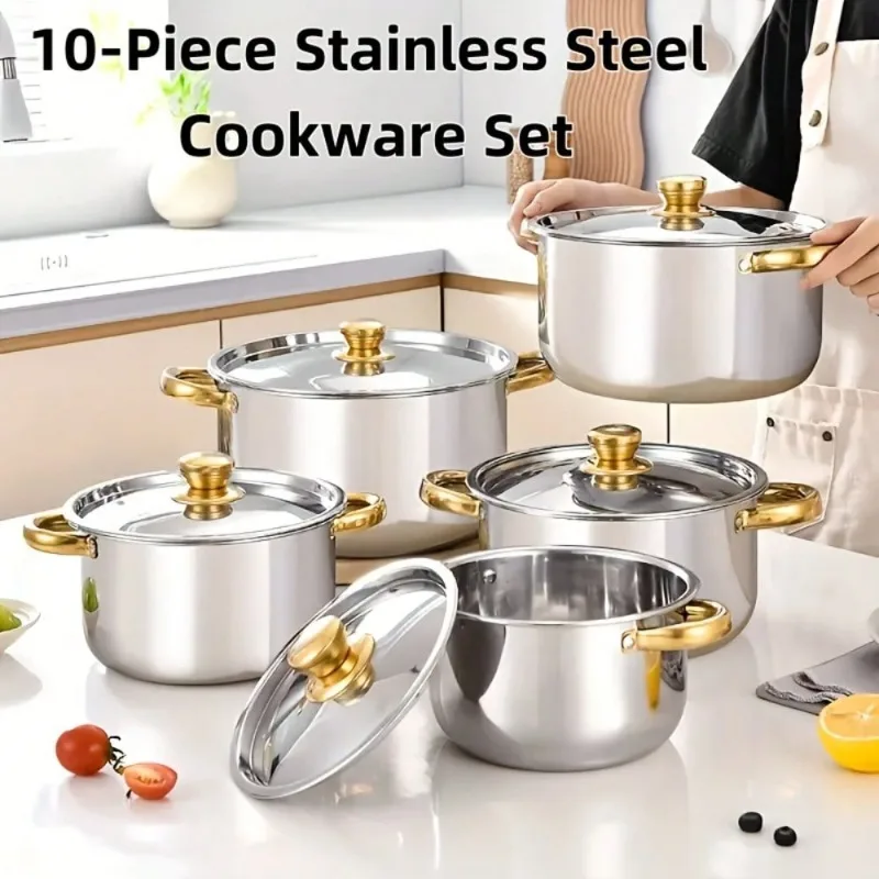 10 Pieces Stainless Steel Pot Set With Lid, Colorful Soup Pot Combination,5-Piece Pot Set And 5-Piece Pot Lids, Cooking Pot,Capped Pot Set, Boxed Pot Set, Cooking Pot Set, Kitchen Tools, Ideal Gift For Housewarming & New Apartment, Dinner For Thanksgiving