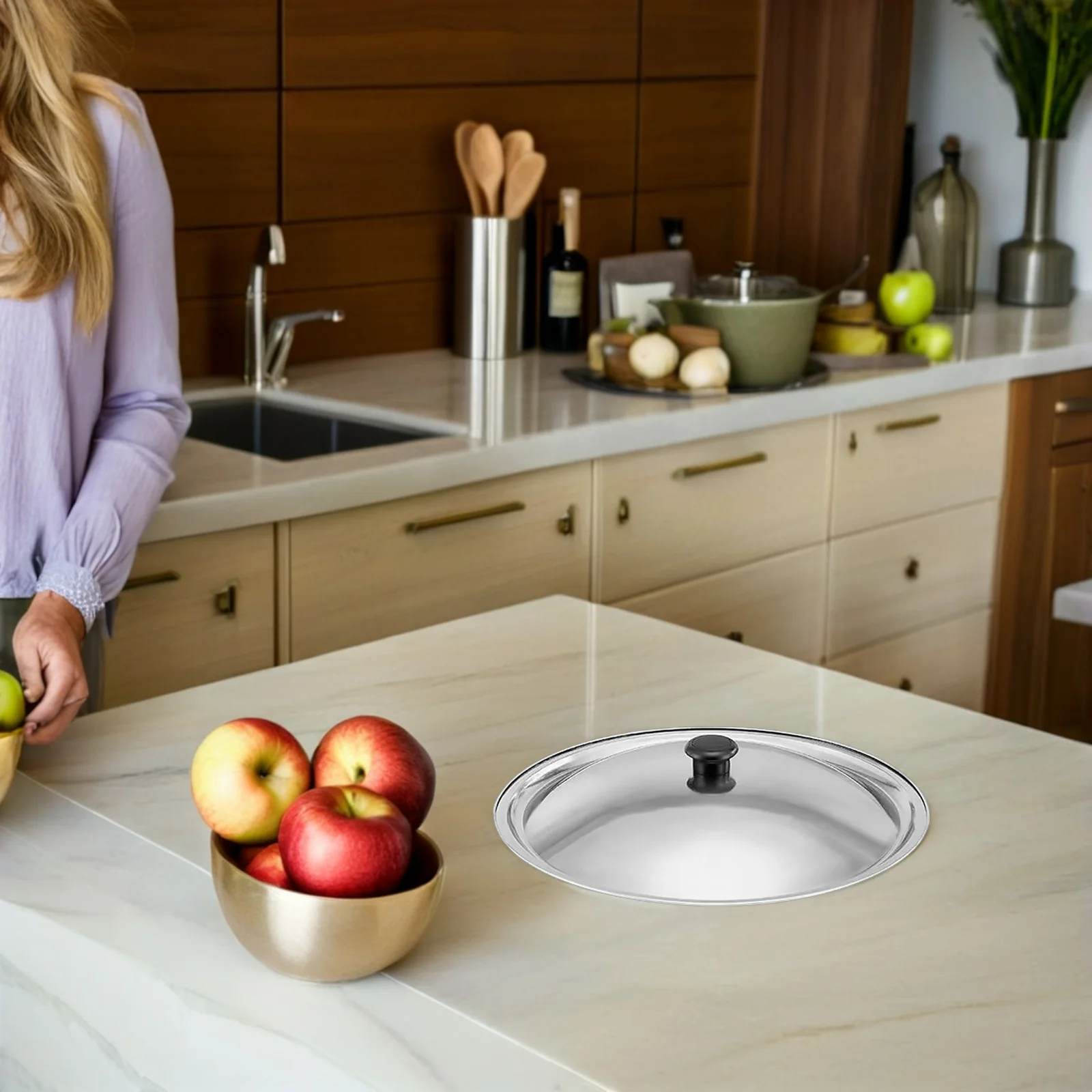 

Stainless Steel Universal Pot Lid 25.5cm Replacement Pan Skillet Cover Kitchen Cooking Tool Ergonomic Bakelite Knob