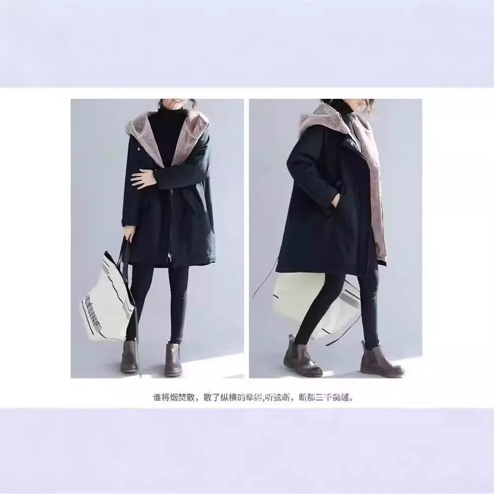 Women Hoodies Long Sleeve Parkas Midi Jacket Zipper Loose Solid Thick Spliced Jackets Pockets Casual Lady Streetwear Winter