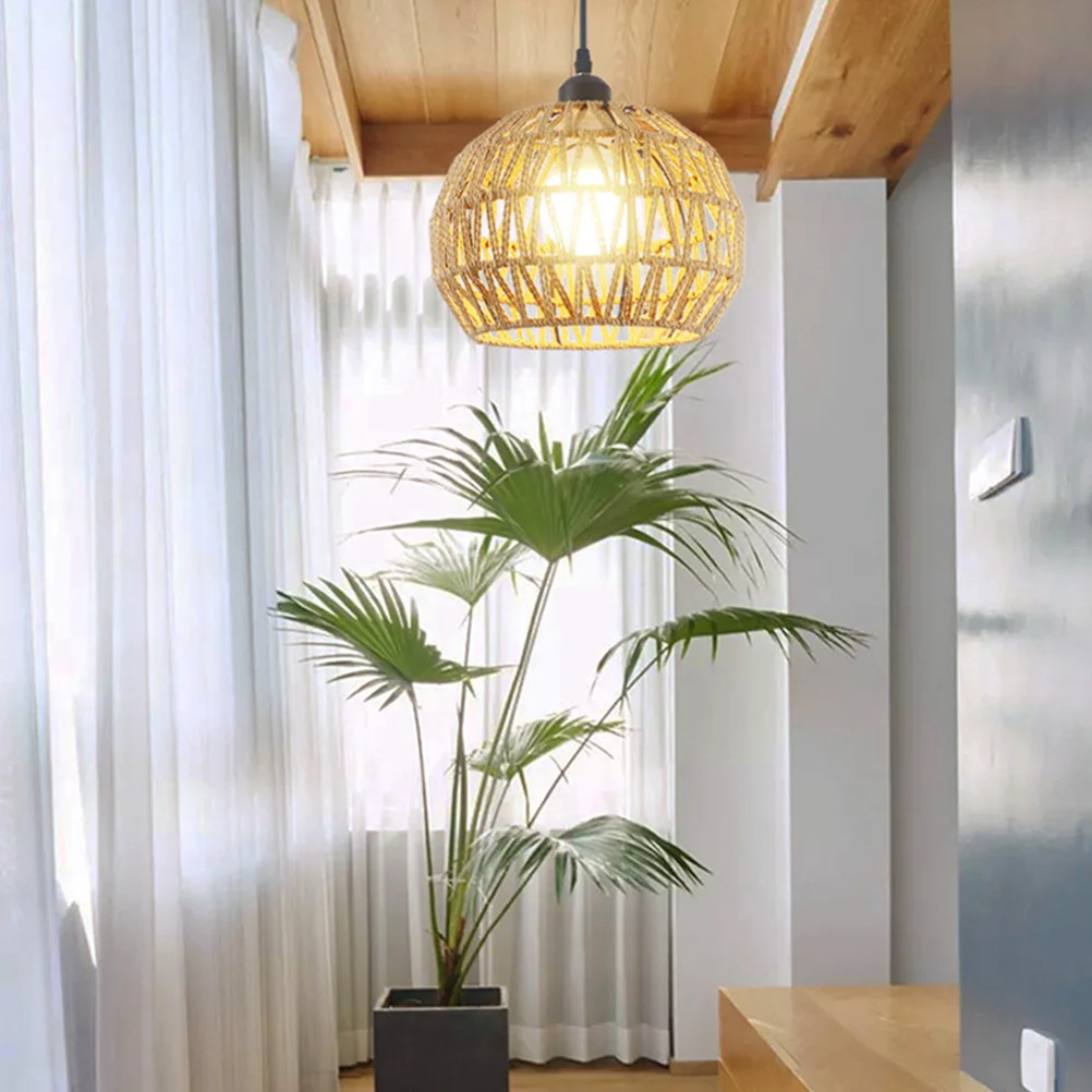 

Woven Dome Shade Rustic Style Ceiling Light E27 Base Bulb Quick Installation for Kitchen Dining Living Room Rattan Pendant Light