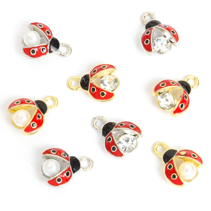 10pcs Ladybug Enamel Charms Inlaid Crystal Pearls Insect Pendants Interesting DIY Necklace Earrings Keychain Jewelry Accessories