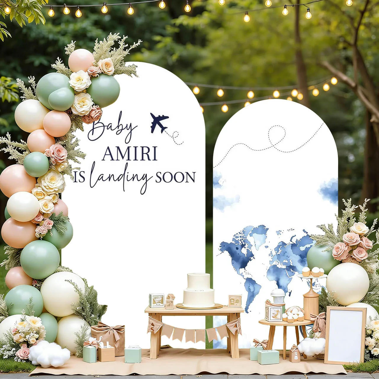 

Mehofond Custom Name Baby Is Landing Soon Travel Airplane Kids Birthday Party Baby Shower Cover Arch Background Decor Backdrop