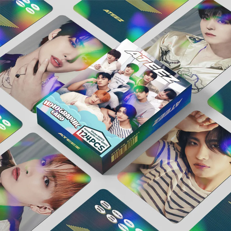 kpop ateez lomo cartoes album de fotos adesivos dupla face photocard jongho yunho yeosang san fas presente hd 124 pcs por conjunto 01